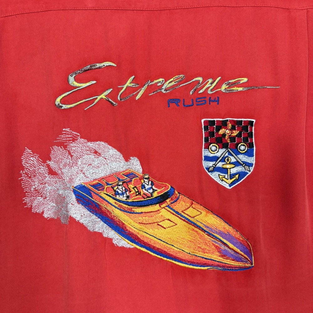 Luau Mens Silk Camp Shirt L Red Extreme Rush Speedboat Embroidered Herringbone